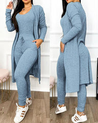 Showlu Fashion Store 0 E / S Two Piece Set Women Outfit 2023 Spring Fashion Drawstring Pocket Design U-Neck Sleeveless Skinny Jumpsuit & Long Sleeve Coat Set