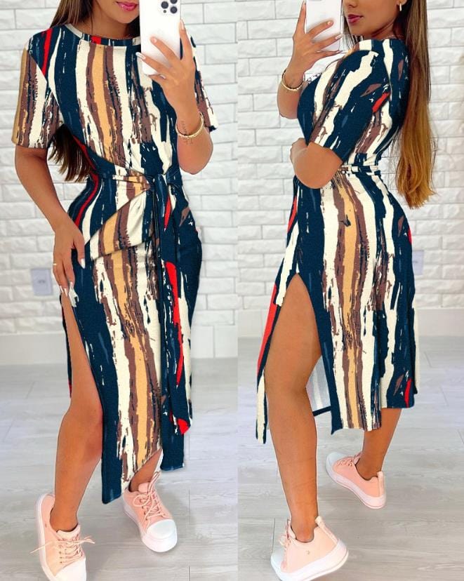 Showlu Fashion Store 0 E / S Women Fashion Rainbow Ombre Vacation Dress European &amp; American Women&#39;s Clothing Tied Detail Summer Slit Casual Mid-Calf Dresses