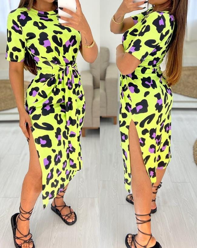 Showlu Fashion Store 0 E / S Women's Fashion Dresses 2023 New Summer Sexy Pink Leopard Print Tied Detail Slit Side Split Skirt Casual Waist Retraction Dress