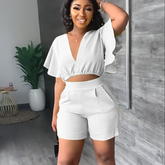 Showlu Fashion Store 0 Fashion Two Piece Set Women Sexy V Neck Ruffles Sleeve Crop Top &amp; Pockets Shorts Suit  Summer Street Solid Tracksuit Outfits