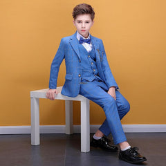 Showlu Fashion Store 0 Flower Boys Plaid Blue Photograph Suit Kids Wedding Party Dress Teenager Birthday Tuxedo Dress Children Graduation Stage Costume