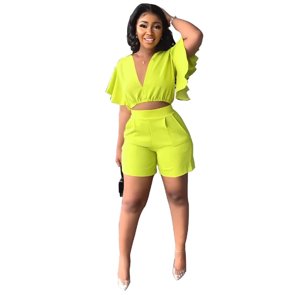 Showlu Fashion Store 0 Fluo Yellow / S Fashion Two Piece Set Women Sexy V Neck Ruffles Sleeve Crop Top &amp; Pockets Shorts Suit  Summer Street Solid Tracksuit Outfits