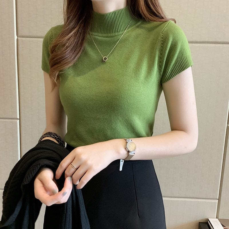  Showlu Fashion Store 0 fruit green / One Size Spring Summer Women Knitted T-Shirts Short Sleeve Shirts Tops Female Elastic Slim Casual Knit Tee Crop Tops Women's T-Shirts