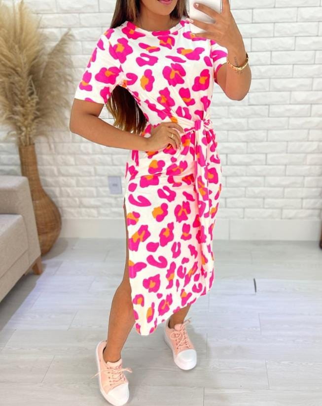 Showlu Fashion Store 0 G / S Women's Fashion Dresses 2023 New Summer Sexy Pink Leopard Print Tied Detail Slit Side Split Skirt Casual Waist Retraction Dress