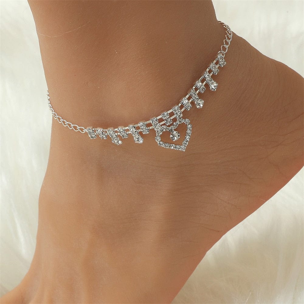 Showlu Fashion Store 0 G01-SP070-B Ins Fashion Silver Color Rhinestone Double Heart Anklet for Women Bling Hollow Out Love Foot Ankle Leg Bracelet Chain Jewelry