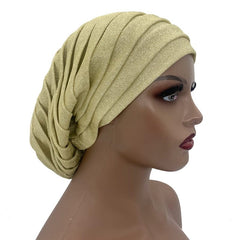 Showlu Fashion Store 0 Glitter Full Body Pleated Turban Cap for Women 2023 Lady Head Wraps Muslim Headscarf Hat Turbante Mujer African Headpiece