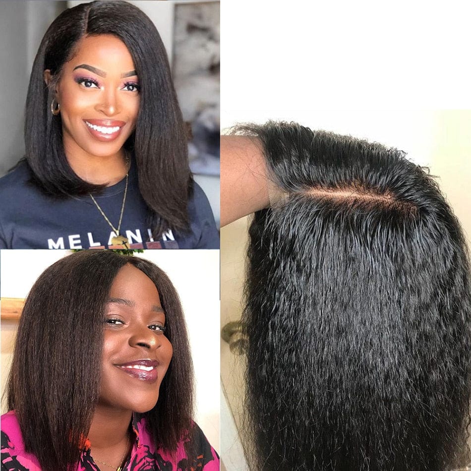 Showlu Fashion Store 0 Glueless Kinky Straight 13x4 Lace Front Wig Short Bob Human Hair Wigs Wear And Go Yaki Straight Brazilian Remy PrePlucked Wig