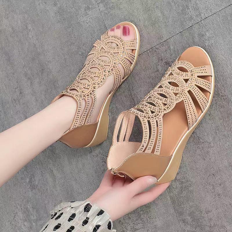 Showlu Fashion Store 0 Gold / 35 Real Soft Leather Roman Sandals Women's Chunky Heel Mom Shoes Fashion Outerwear Women's Sandals Wedge Women's Shoes 2023