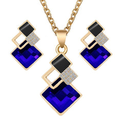 Showlu Fashion Store 0 Gold Blue Fashion Crystal Pendants Necklace Earrings Sets for Women Jewelry Set Bridal Wedding Earring Necklace Set