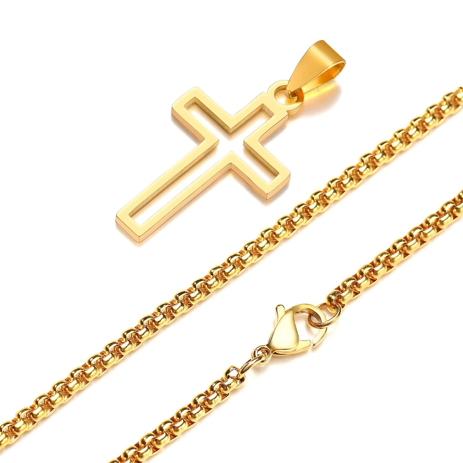 Showlu Fashion Store 0 Gold - box chain / 45cm Vnox Cutout Cross Necklace for Men Women, Stainless Steel Hollow Cross Pendant with 24" Box Chain, Religious Faith Christ Collar