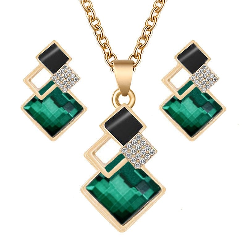 Showlu Fashion Store 0 Gold Green Fashion Crystal Pendants Necklace Earrings Sets for Women Jewelry Set Bridal Wedding Earring Necklace Set