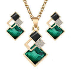 Showlu Fashion Store 0 Gold Green Fashion Crystal Pendants Necklace Earrings Sets for Women Jewelry Set Bridal Wedding Earring Necklace Set