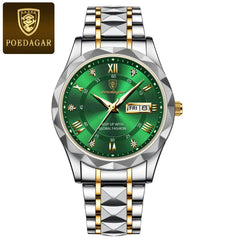 Showlu Fashion Store 0 Gold Green POEDAGAR Top Brand Luxury Man Wristwatch Waterproof Luminous Date Week Men Watches Stainless Steel Quartz Men&#39;s Watch Male reloj