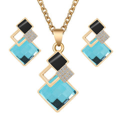 Showlu Fashion Store 0 Gold Light Blue Fashion Crystal Pendants Necklace Earrings Sets for Women Jewelry Set Bridal Wedding Earring Necklace Set