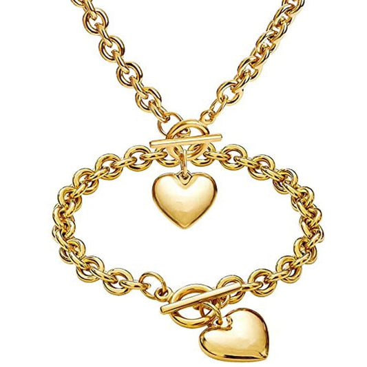 Showlu Fashion Store 0 gold Love Heart Necklace and Bracelet Jewelry Sets for Women Gift Stainless Steel Engagement Wedding Party Chain Set Jewelry Fashion