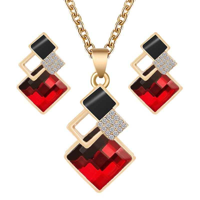 Showlu Fashion Store 0 Gold Red Fashion Crystal Pendants Necklace Earrings Sets for Women Jewelry Set Bridal Wedding Earring Necklace Set