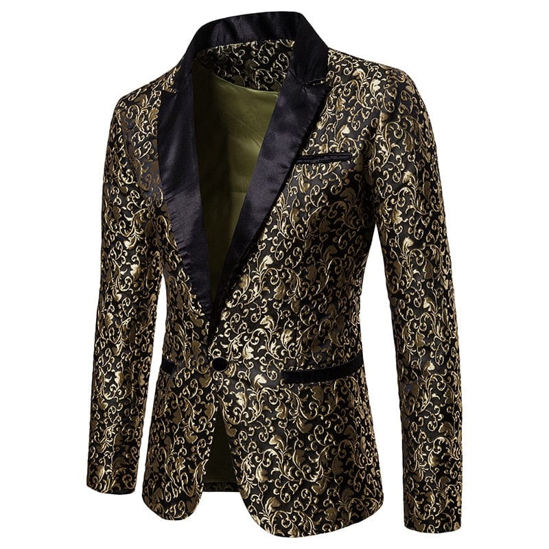 Showlu Fashion Store 0 Gold / S Men's Floral Party Dress Suit Stylish Dinner Jacket Wedding Blazer Prom Tuxedo