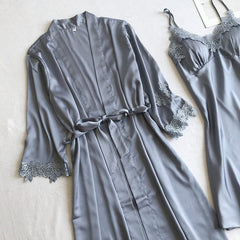 Showlu Fashion Store 0 Gray Nightgown Set Women Lace Nightwear V-Neck Pajamas Suit Homewear Spring Sleepwear Robe Gown Sleep Wear Pijama Negligee