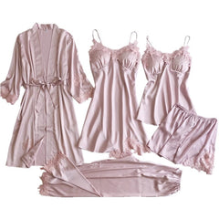 Showlu Fashion Store 0 Gray Nightgown Set Women Lace Nightwear V-Neck Pajamas Suit Homewear Spring Sleepwear Robe Gown Sleep Wear Pijama Negligee