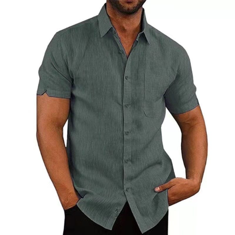 Showlu Fashion Store 0 Gray / S Summer Cotton Linen Shirts For Men Casual Short Sleeved Shirts Blouses Solid Turn-Down Collar Formal Beach Shirts Male Clothing