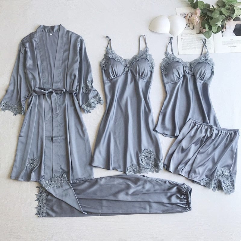 Showlu Fashion Store 0 Gray Set - B / M Gray Nightgown Set Women Lace Nightwear V-Neck Pajamas Suit Homewear Spring Sleepwear Robe Gown Sleep Wear Pijama Negligee