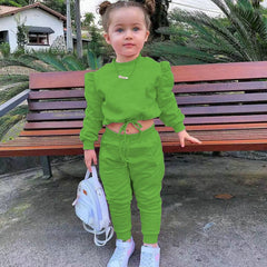 Showlu Fashion Store 0 Green / 7-8years 1-8Years Soild Kids Girl Child Suit Outfit Long Sleeve Crop Tops+Pants Sets Fashion Spring Autumn Baby Girl Clothes