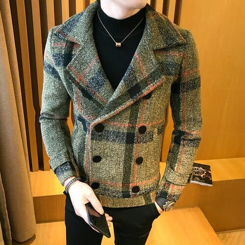 Showlu Fashion Store 0 Green grid / Asia M Trend 2022 New double-breasted windbreaker fashion retro tartan coat large size 5XL slim short coat men&#39;s banquet party dress