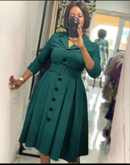 Showlu Fashion Store 0 Green / M African Dresses for Women Spring Autumn African Women V-neck Polyester Solid Color Knee-length Dress African Clothes Women