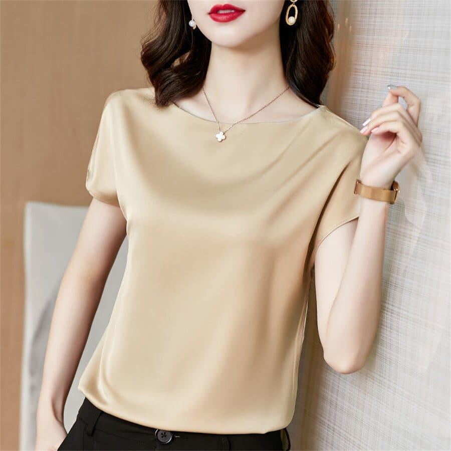 Showlu Fashion Store 0 green / M Office Lady Tops Summer Short Sleeve O-Neck Blouses Satin Blouse Women Shirts Simple Solid Casual Loose Shirt Blusas DF4904