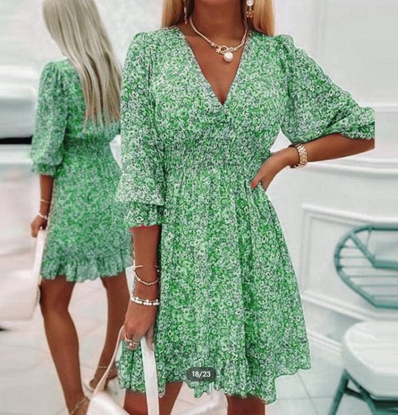 Showlu Fashion Store 0 Green / S Elegant Floral V-Neck Dress for Women