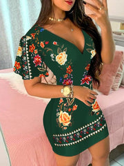 Showlu Fashion Store 0 Green / S Floral Print Plunge Bodycon Dress Women Short Sleeve Summer Dress