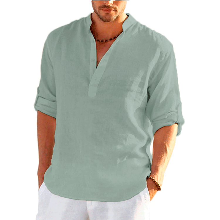 Showlu Fashion Store 0 green / S New Men's Linen Long Sleeve T-Shirt Solid Color Loose Casual Shirt Long Sleeve Cotton Linen Shirt