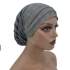 Showlu Fashion Store 0 grey Glitter Full Body Pleated Turban Cap for Women 2023 Lady Head Wraps Muslim Headscarf Hat Turbante Mujer African Headpiece