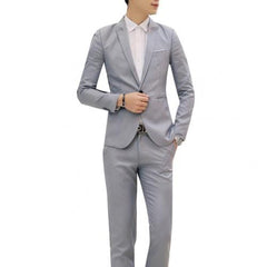 Showlu Fashion Store 0 Grey / M 2Pcs/ 1 Set Fashion Men Solid Color Lapel Button Long Sleeve Slim Blazer Suit Pants for Men Wedding Office Meeting Male Clothing