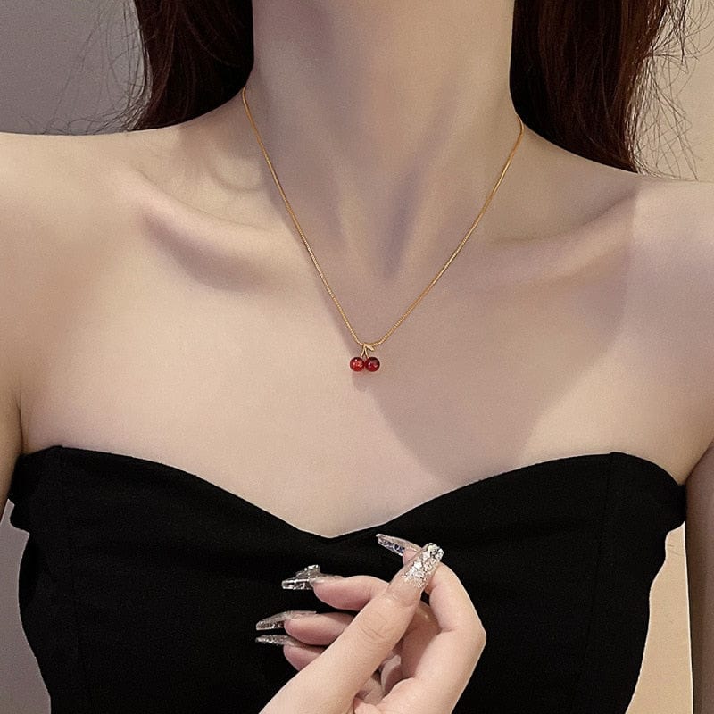 Showlu Fashion Store 0 GUFTM New Wine Red Cherry Gold Colour Pendant Necklace for Women Personality Fashion Necklace Wedding Jewelry Set Birthday Gifts