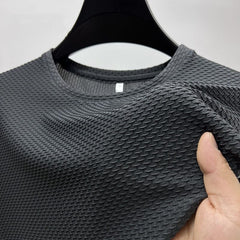 Showlu Fashion Store 0 High-end Ice Silk Breathable Short Sleeved T-shirts O Neck Summer Thin Mesh Loose Elasticity T Shirts Men's Clothing Ropa Hombre