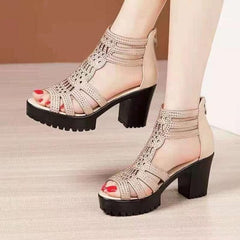 Showlu Fashion Store 0 High Heels Gladiator Sandals Woman Open Head Sexy Black Rivet Block Heel Platform Shoes Summer Back Zip Size 35-40 Women Sandals