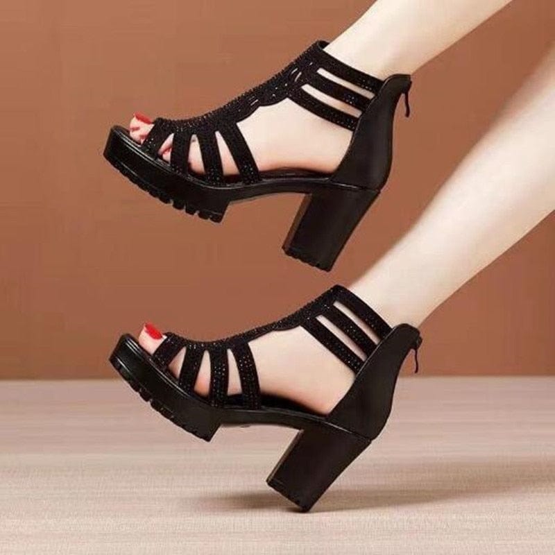 Showlu Fashion Store 0 High Heels Gladiator Sandals Woman Open Head Sexy Black Rivet Block Heel Platform Shoes Summer Back Zip Size 35-40 Women Sandals