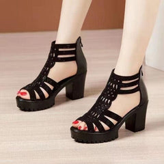 Showlu Fashion Store 0 High Heels Gladiator Sandals Woman Open Head Sexy Black Rivet Block Heel Platform Shoes Summer Back Zip Size 35-40 Women Sandals