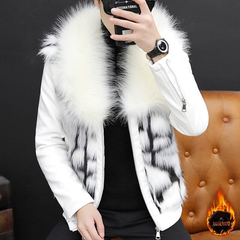 Showlu Fashion Store 0 HOO 2023 Men's Cool Fur Collar Leather Coat Youth Fleece Thickened Faux Fur PU Leather