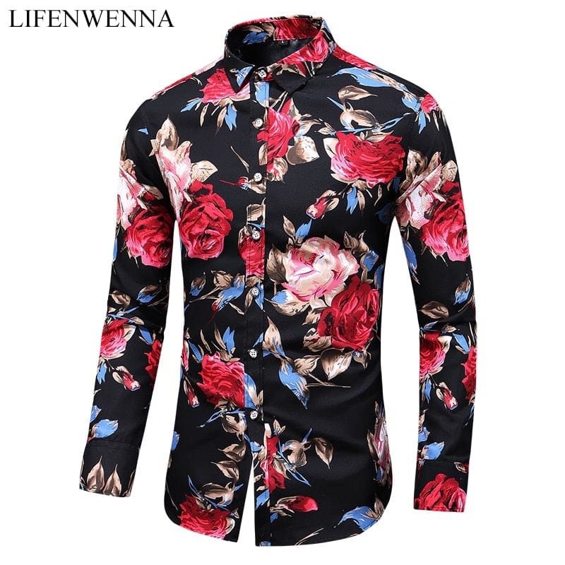 Showlu Fashion Store 0 Hot Sale 2023 New Fashion Flower Printed Men's Shirt Casual Plus Size Long Sleeve Shirts Male Slim Fit Mens Office Shirt M-7XL