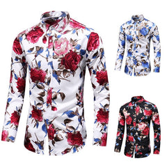 Showlu Fashion Store 0 Hot Sale 2023 New Fashion Flower Printed Men's Shirt Casual Plus Size Long Sleeve Shirts Male Slim Fit Mens Office Shirt M-7XL