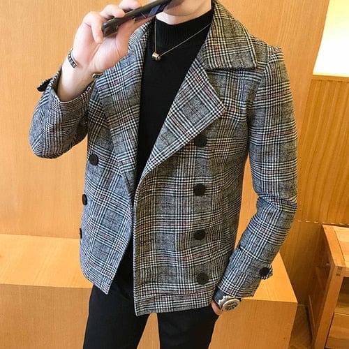 Showlu Fashion Store 0 Houndstooth / Asia M Trend 2022 New double-breasted windbreaker fashion retro tartan coat large size 5XL slim short coat men&#39;s banquet party dress