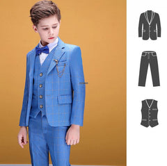 Showlu Fashion Store 0 JACKET VEST PANTS 3P / 24M 80-90 CM Flower Boys Plaid Blue Photograph Suit Kids Wedding Party Dress Teenager Birthday Tuxedo Dress Children Graduation Stage Costume