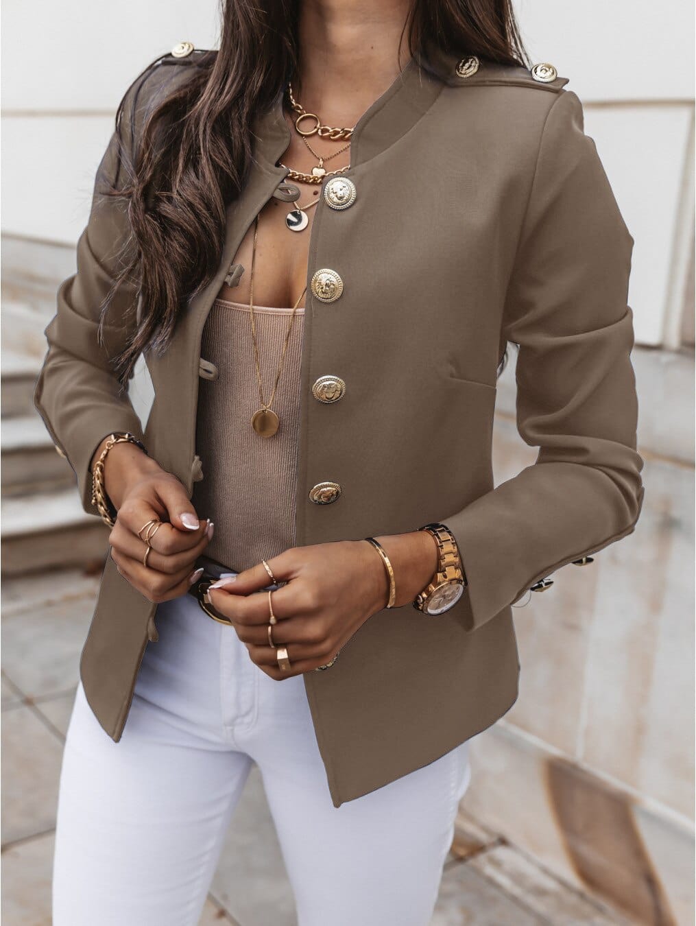 Showlu Fashion Store 0 Khaki / S New Fashion Stand Collar Blazers Women Solid Colors Single Breasted Office Jacket 2023 Long Sleeve Multi Button Slim Work Blazer