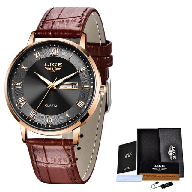 Showlu Fashion Store 0 Leather gold black / China LIGE Brand Women Watches Ultra-thin Luxury Quartz Watch Fashion Ladies Clock Stainless Steel Waterproof Calendar Week Wristwatch