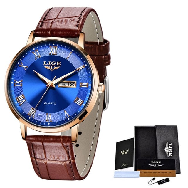 Showlu Fashion Store 0 Leather gold blue / China LIGE Brand Women Watches Ultra-thin Luxury Quartz Watch Fashion Ladies Clock Stainless Steel Waterproof Calendar Week Wristwatch