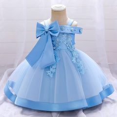 Showlu Fashion Store 0 light blue / 3-6M 70 Bow Summer Dresses Infant Baby Girl Birthday Party Dress Lace Flower Newborn Princess Clothes Toddler Baby Girls Wedding Gown