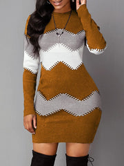 Showlu Fashion Store 0 Light Brown / S 2023 Autumn Women Fashion Print Slim Knitted Dress Female Long-sleeve O-neck Elegant Bodycon Package Hips Mini Dresses 5XL