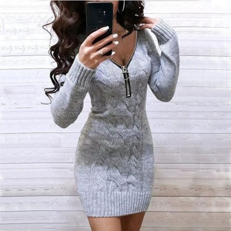 Showlu Fashion Store 0 light gray / M Cozy Knitted Zipper V-Neck Dress